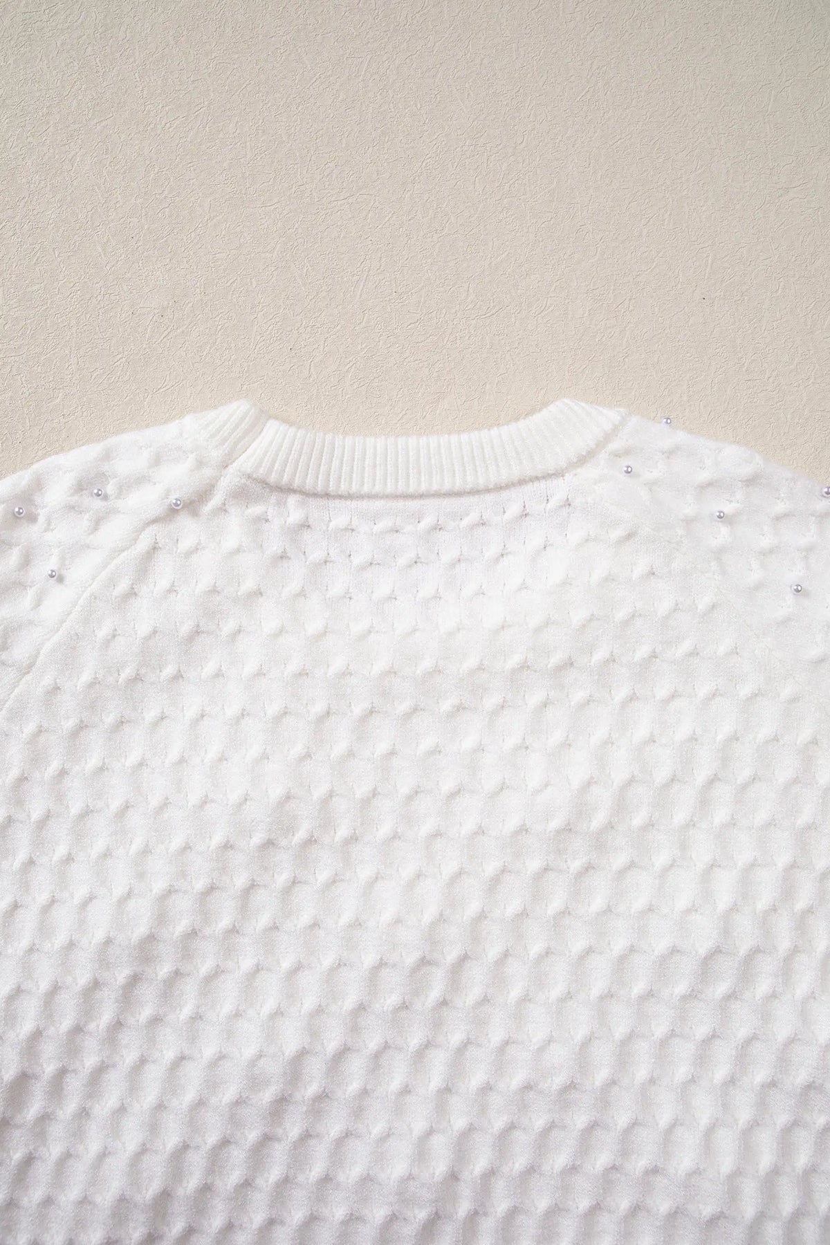 Solid Textured Knit Pearl Embellished Pullover Sweater – White