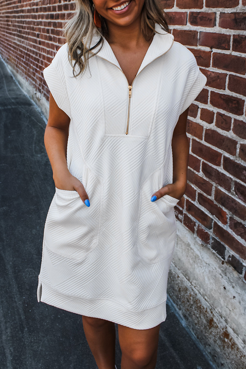 White Textured Half Zip Collared Cap Sleeve Mini Dress eAura
