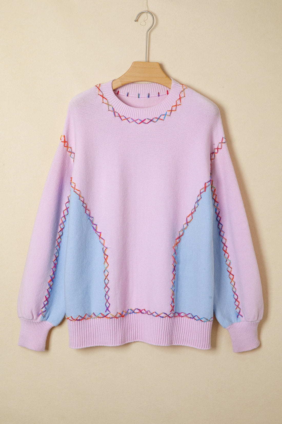Rainbow Stitching Balloon Sleeve Relaxed Sweater - eAura