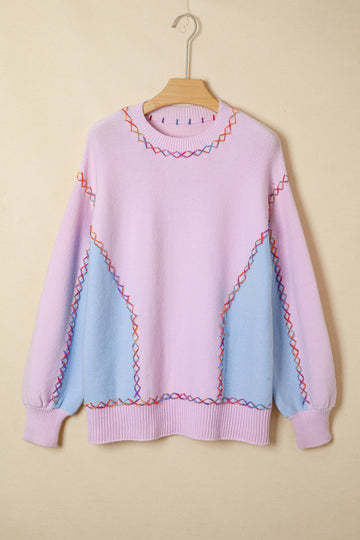 Rainbow Stitching Balloon Sleeve Relaxed Sweater - eAura