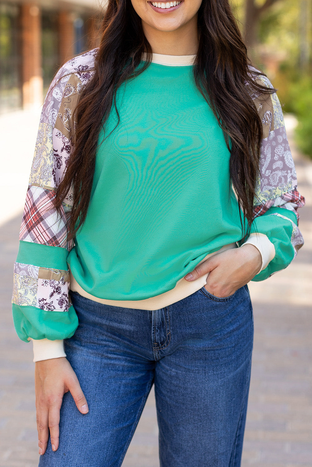 Aruba Blue Plaid Vintage Paisley Patchwork Long Sleeve Raglan Top Beagle Boutique Fashion Outlet