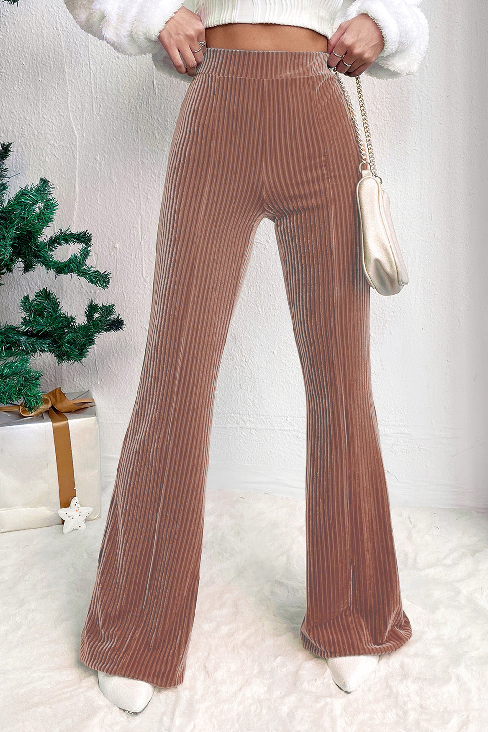 Dusty Pink Solid Colour High Waist Flare Corduroy Pants Beagle Boutique Fashion Outlet