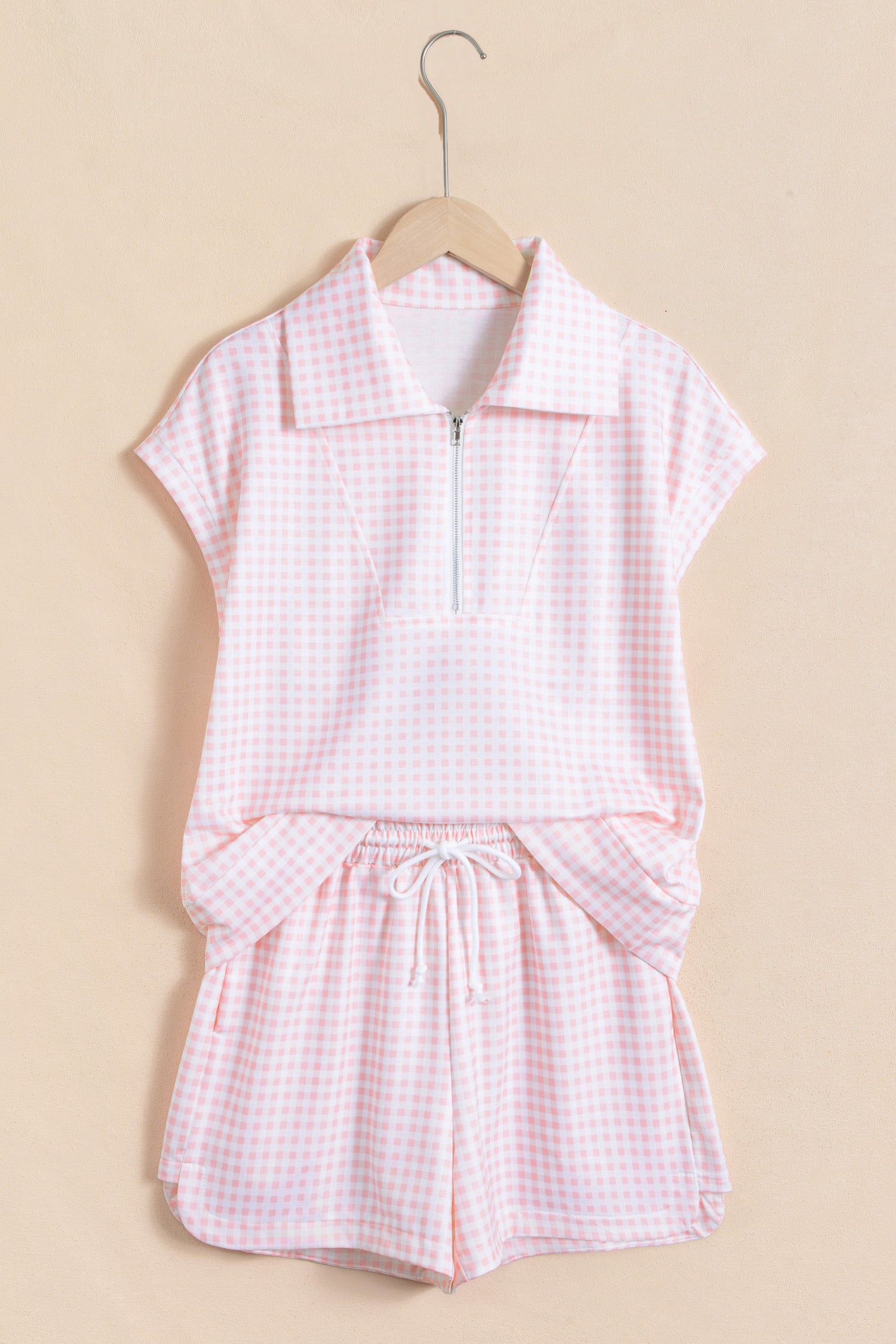 Pink Plaid Zip Neck Sleeveless Top & Elastic Waist Shorts Two Piece Set