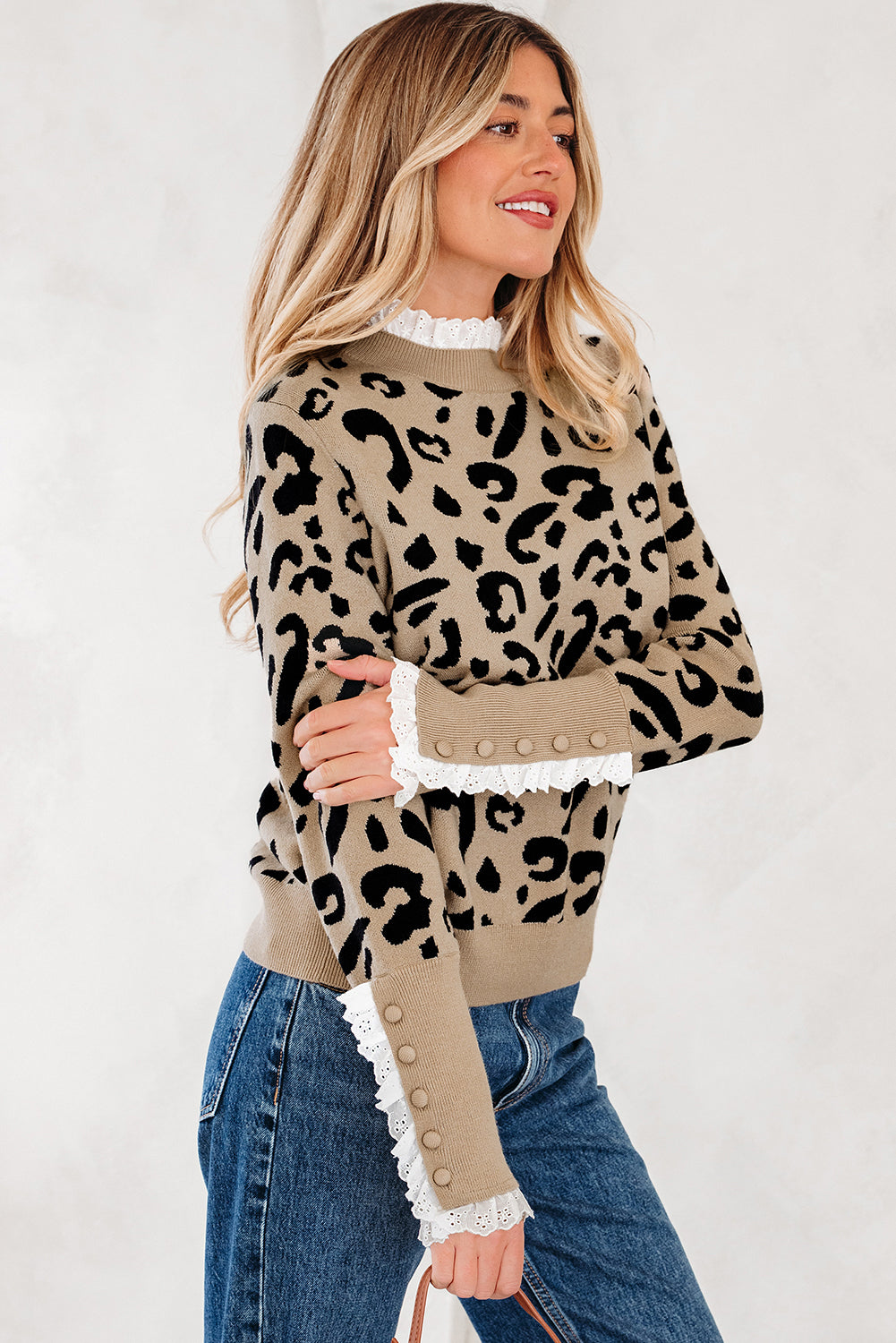 Brown Leopard Pattern Lace Ribbed Detail Button Cuffed Sweater - eAura