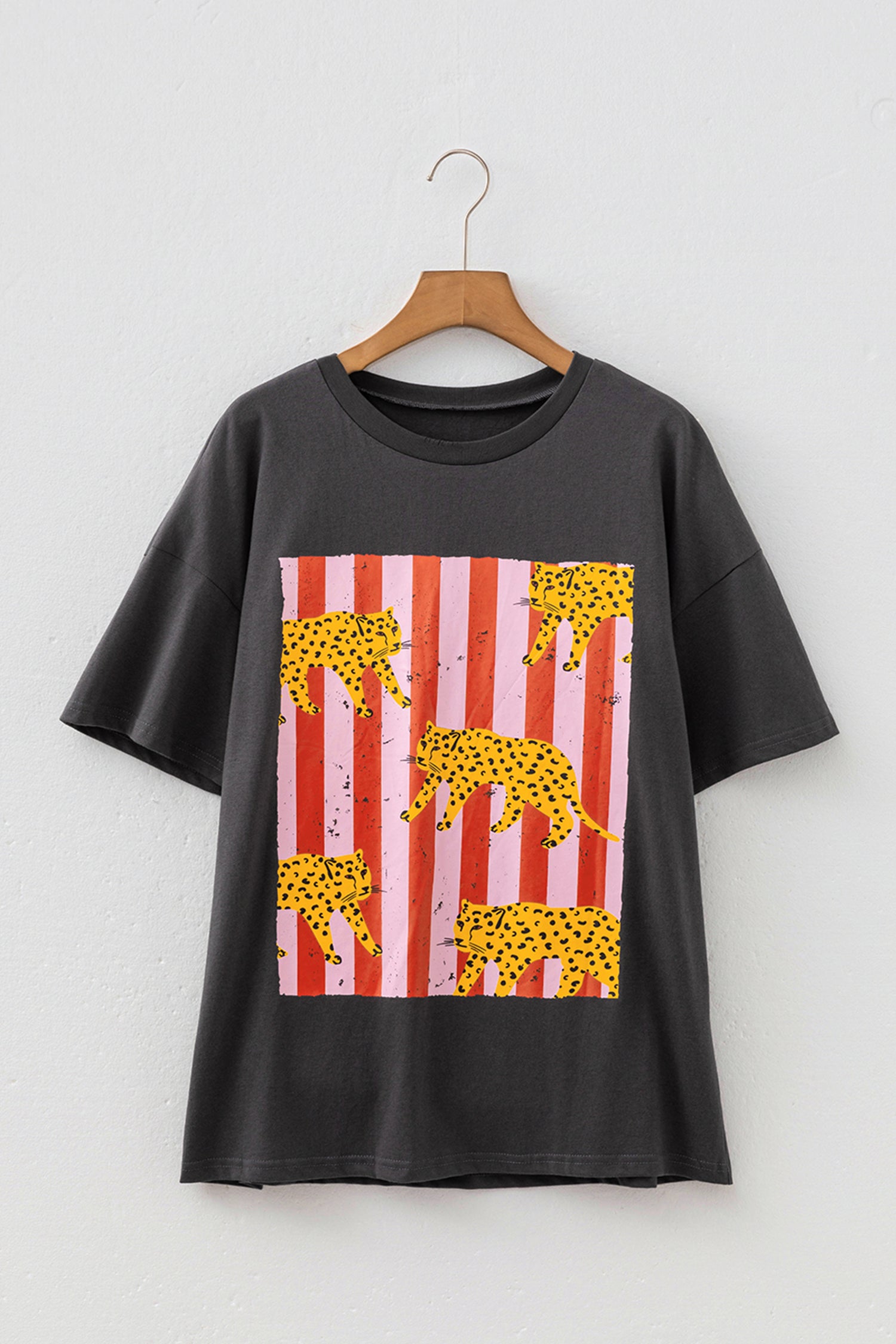 Cheetah Striped Print Retro Fashion Graphic Tee – Dark Grey
