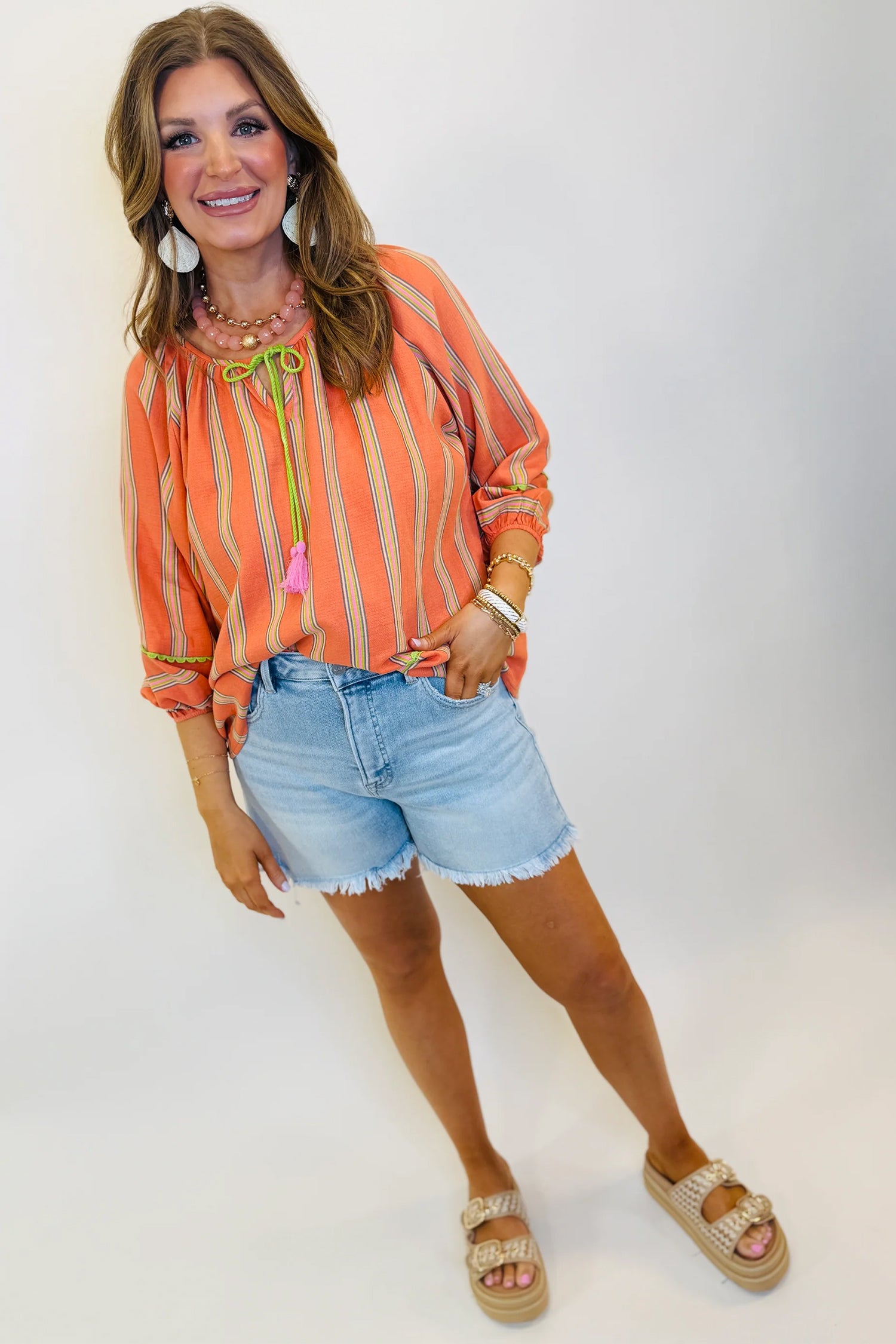 Tassel Tie Neck Bracelet Sleeve Cotton Blouse – Orange Stripe