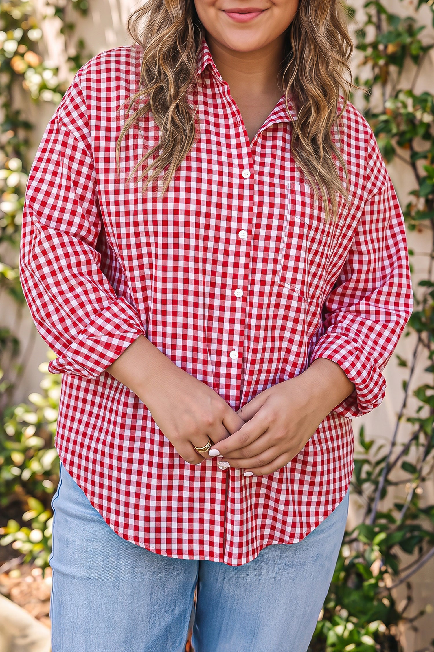 Plaid V Neck Long Sleeve Tunic Loose Fit Plus Size Shirt – Red