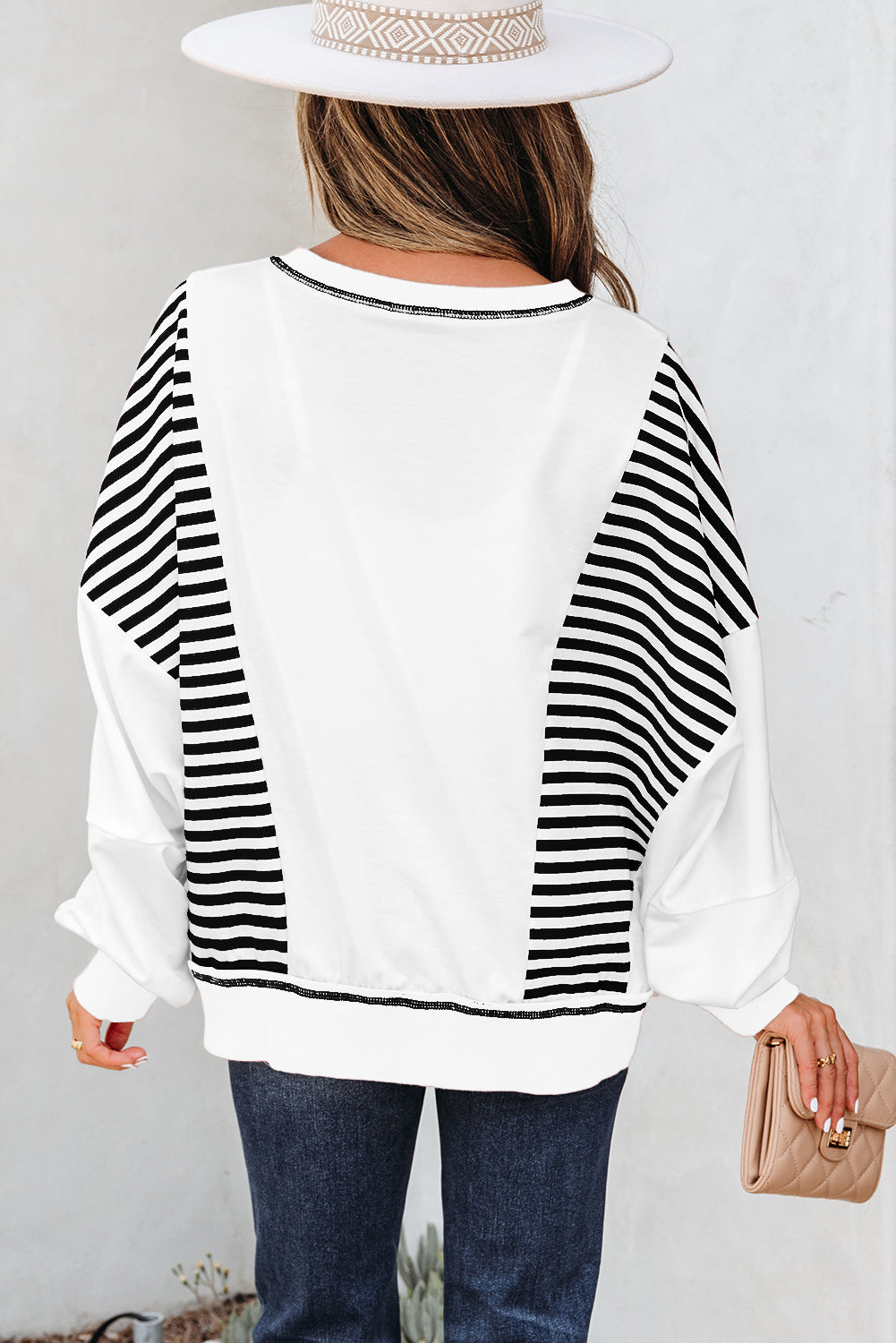 Striped Contrast Stitching Oversized Sweatshirt - eAura