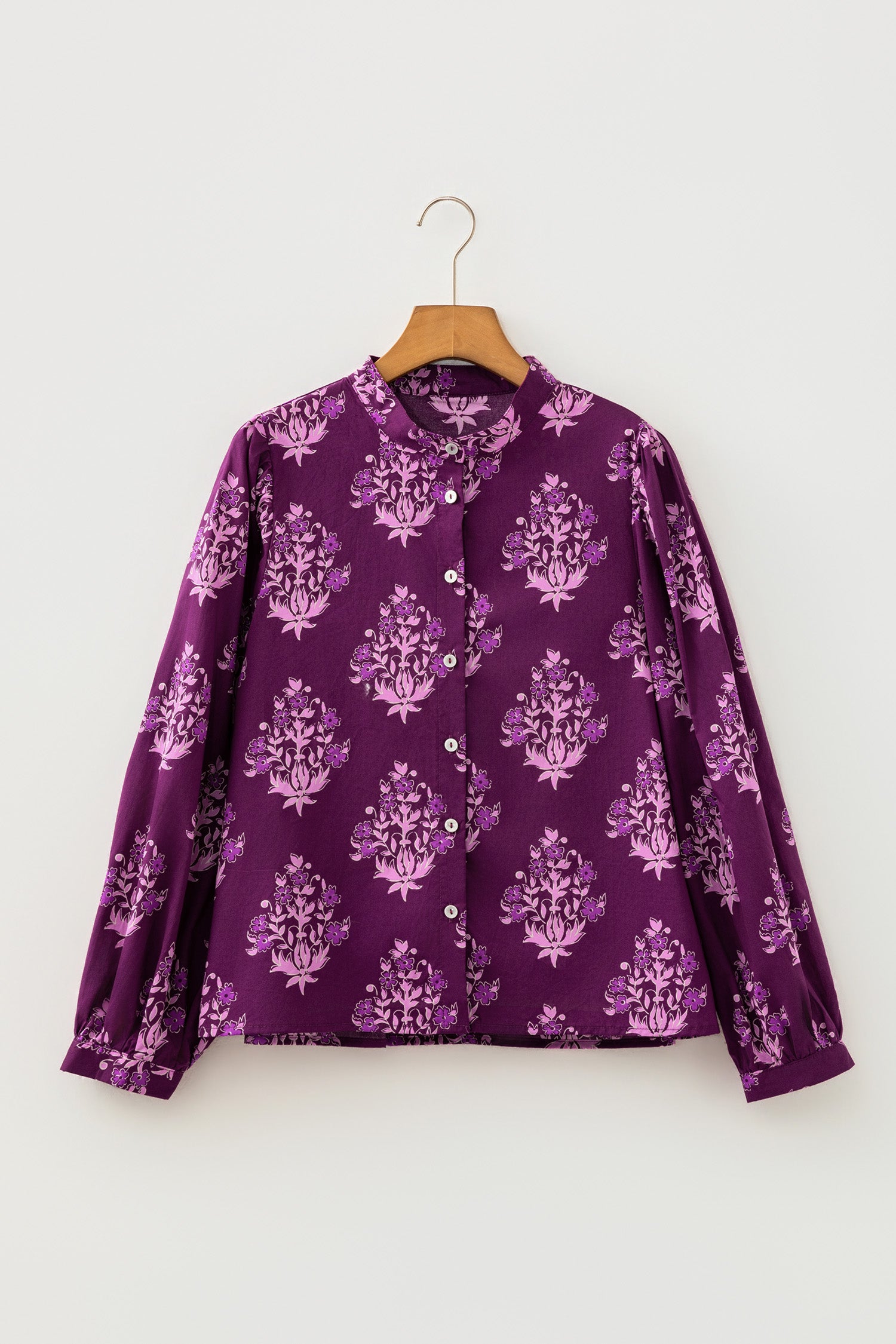 Floral Print Button Front Long Puff Sleeve Shirt – Purple