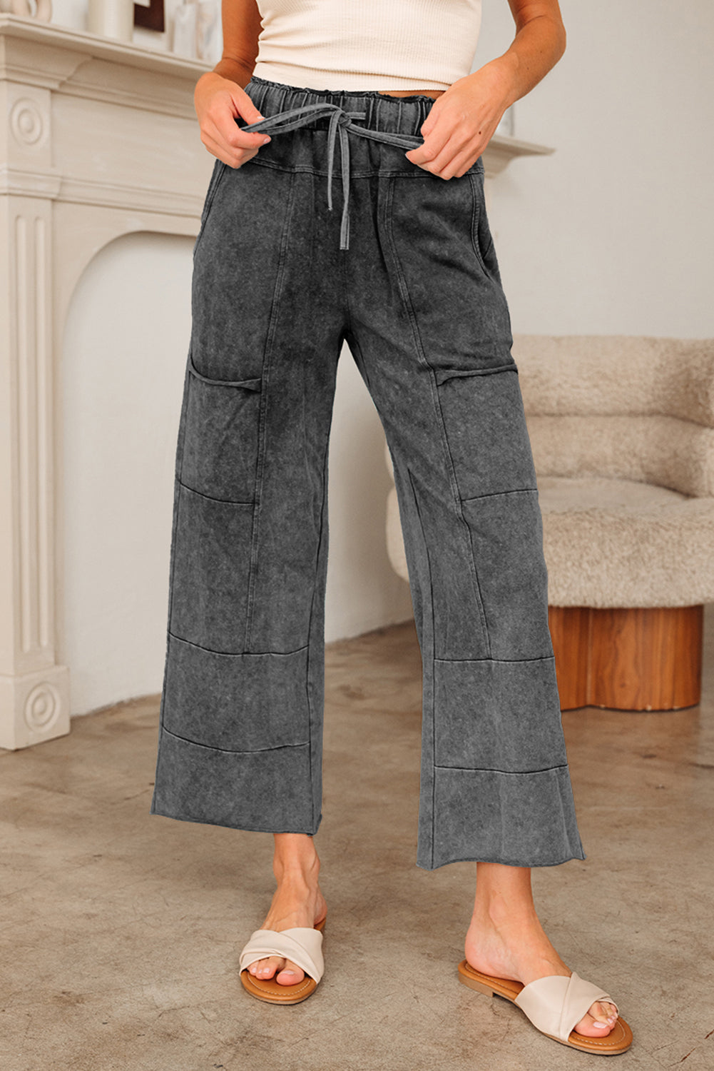 Mineral Wash High Waist Raw Hem Patched Trousers - eAura