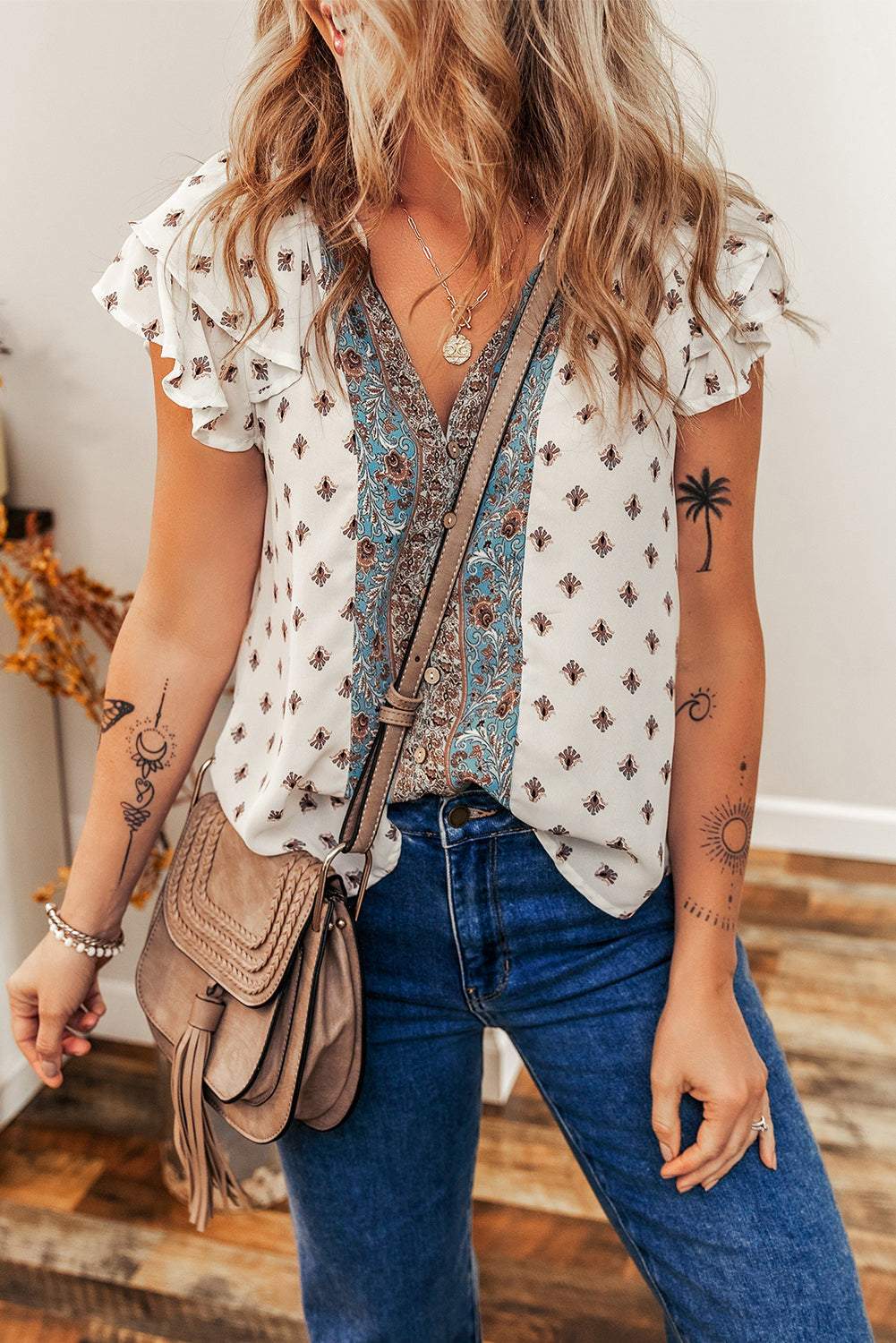 White Boho Pattern Tiered Ruffled Sleeve V Neck Buttoned Blouse eAura