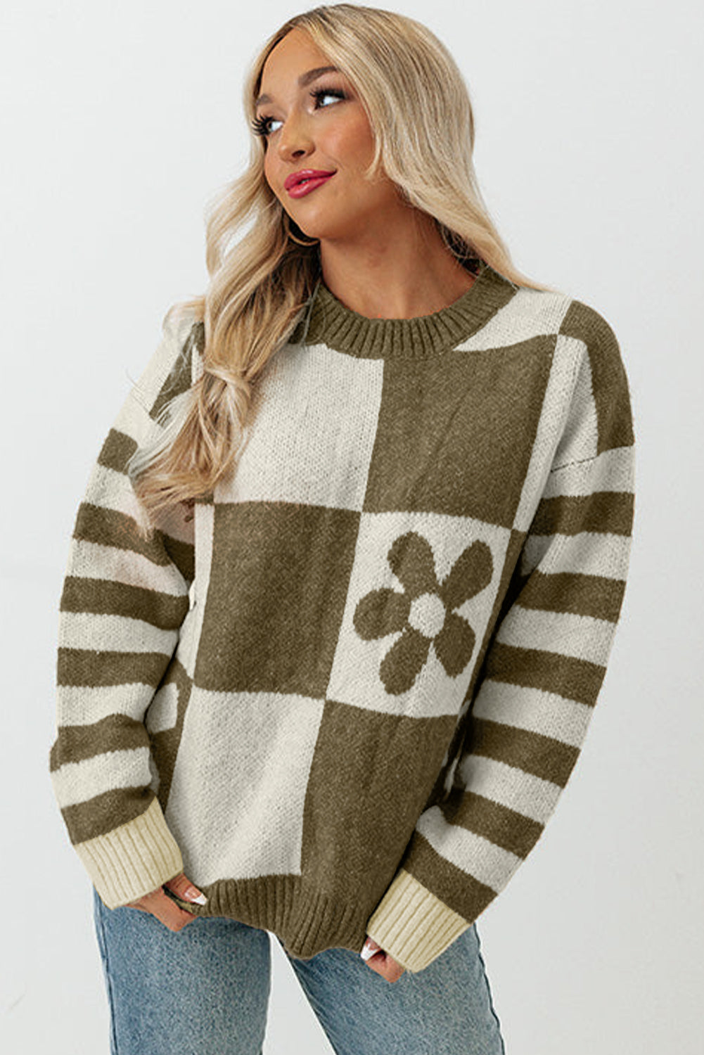 Brown Checkered Floral Print Striped Sleeve Sweater eAura