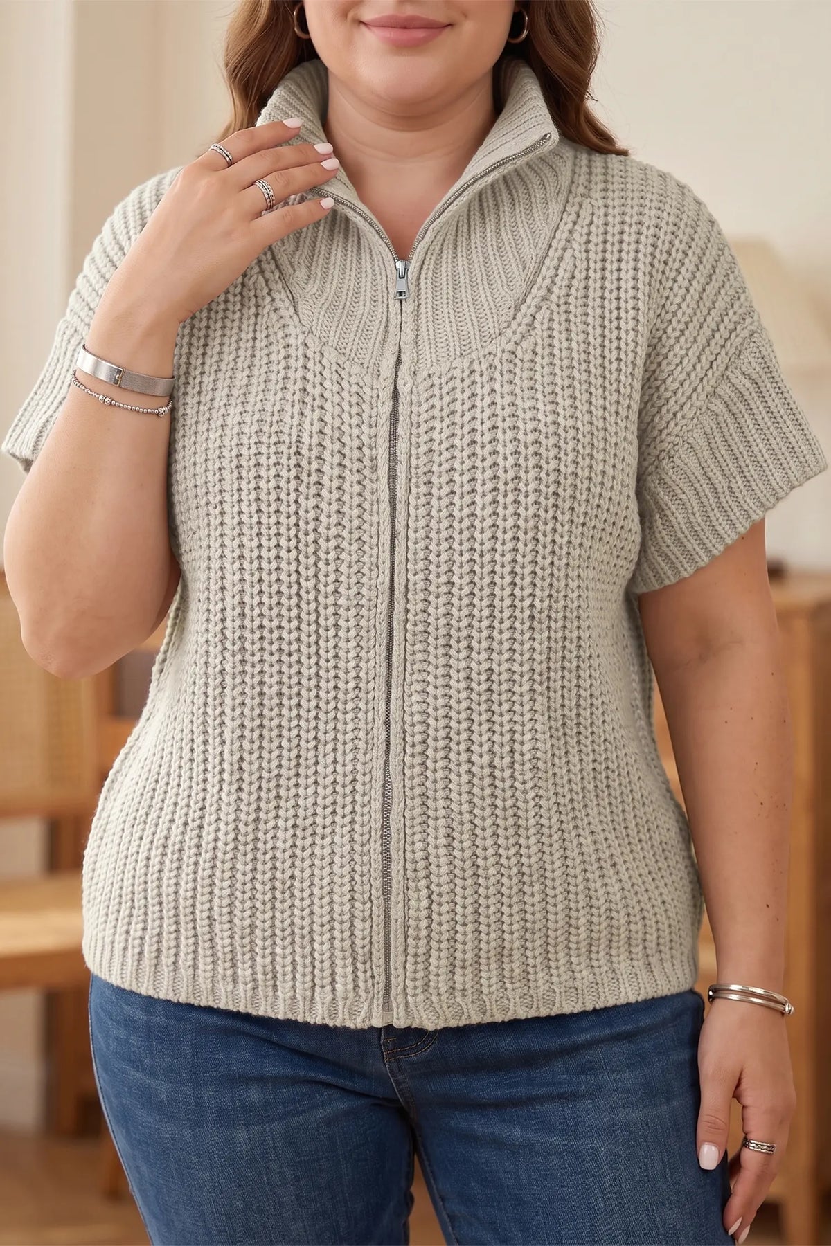 Tunic Cardigan Short Sleeve Ribbed Knit Zip-Up Plus Size