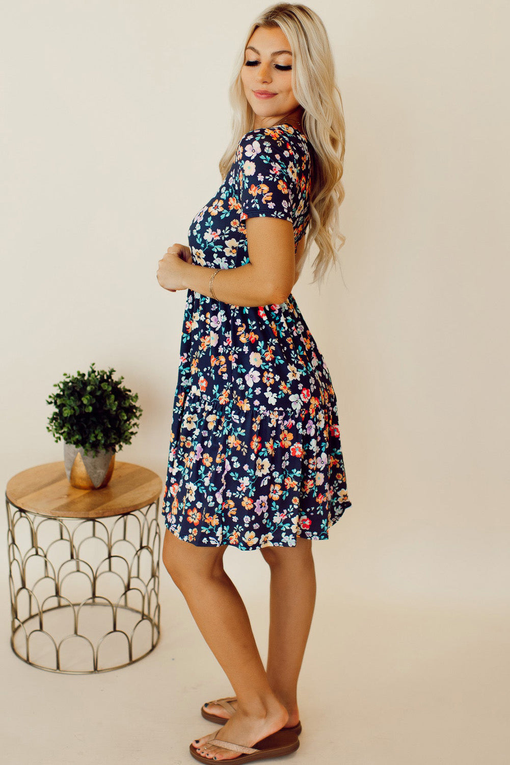 Blue Short Sleeve A-line Floral Dress eAura