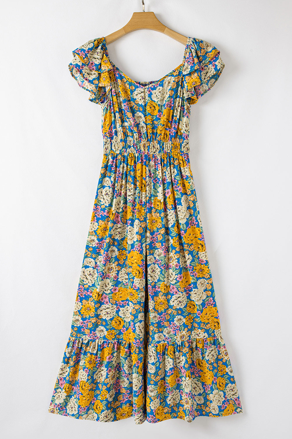 Yellow Floral Allover Print Shirred Cut Out High Waist Jumpsuit eAura