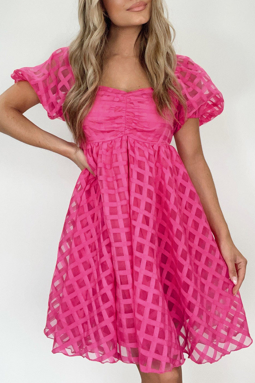 Strawberry Pink Checkered Puff Sleeve Babydoll Dress eAura