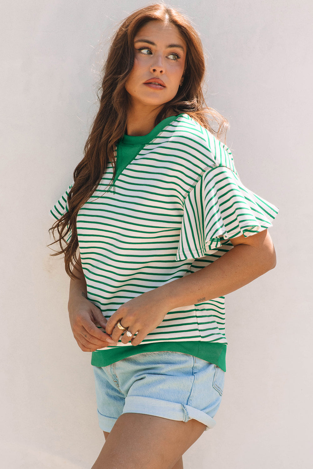 Contrast Detail Striped Ruffle Short Sleeve Top eAura