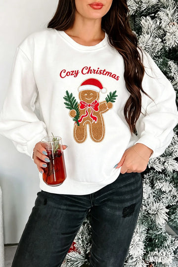 Pullover Sweatshirt Embroidered Gingerbread Cosy Christmas Long Sleeve Round Neck
