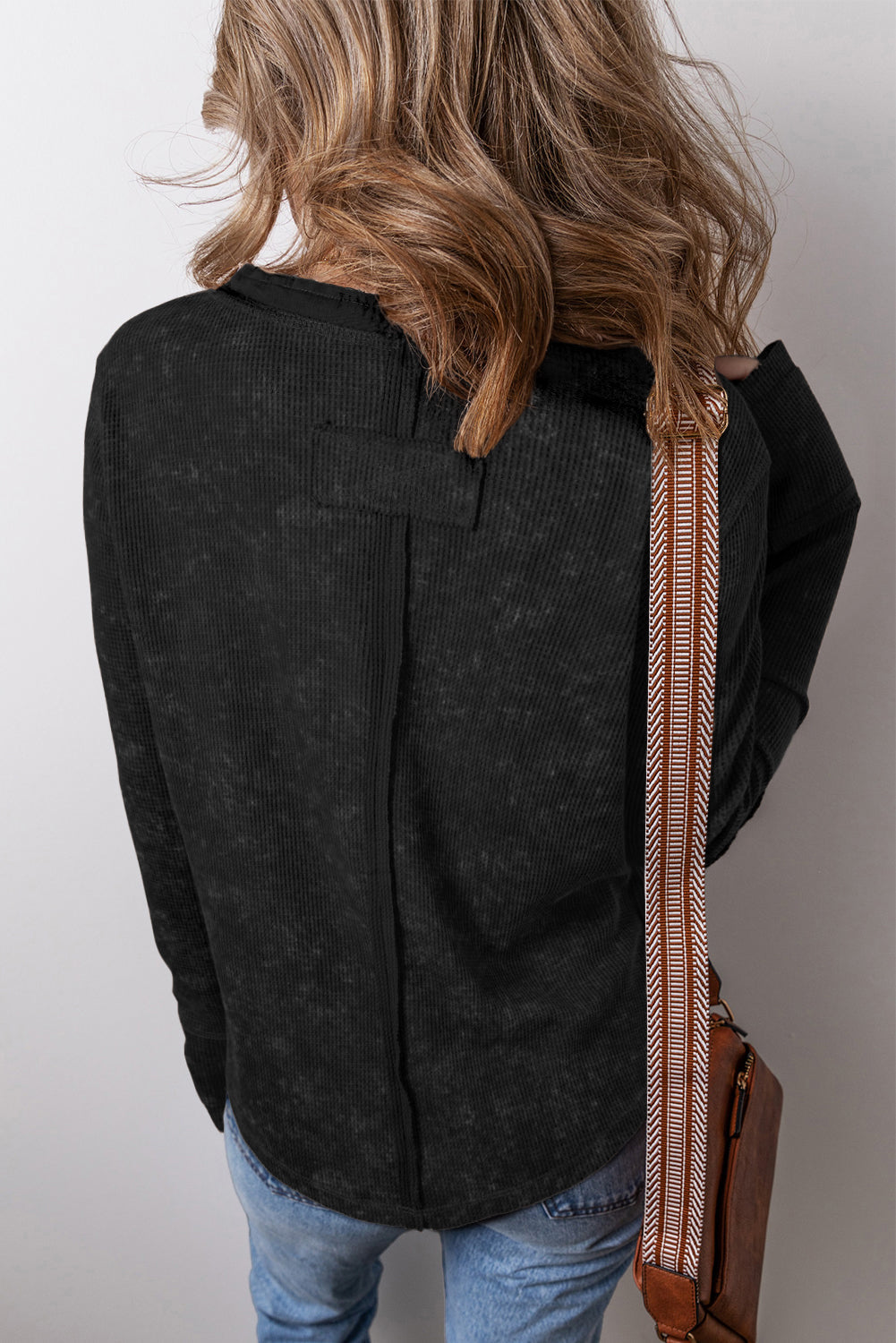 Smoke Green Acid Wash Waffle Knit Buttoned Neckline Long Sleeve Top Beagle Boutique Fashion Outlet