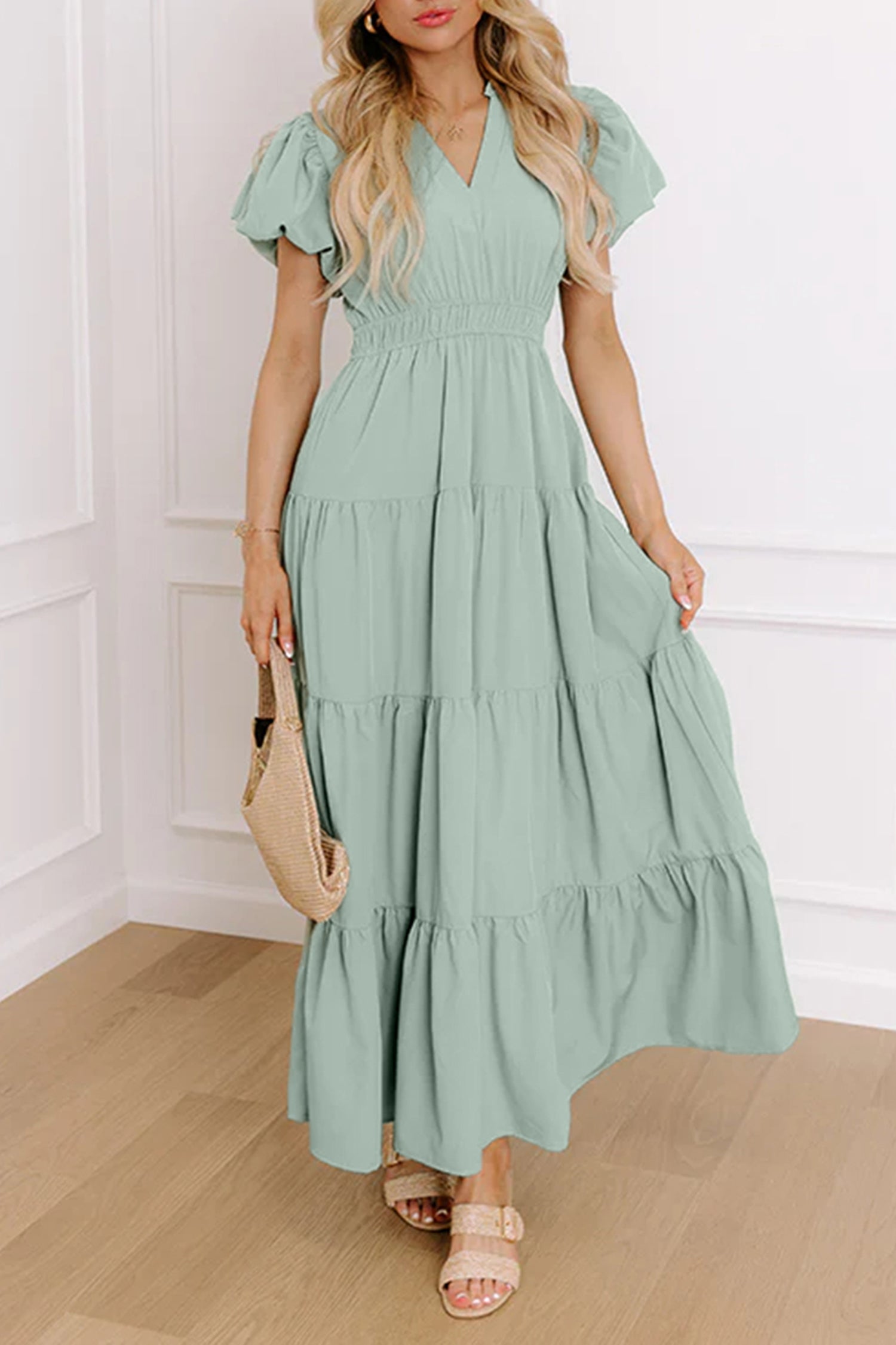 Women's V-Neck Puff Sleeve Tiered Maxi Dress