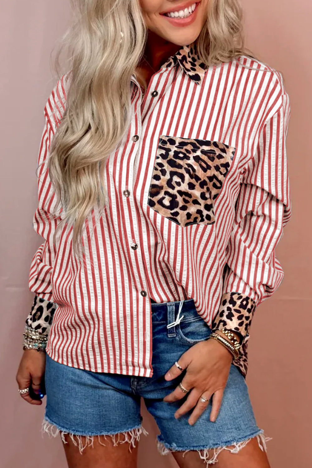 Striped Leopard Print Patchwork Button Up Shirt - eAura