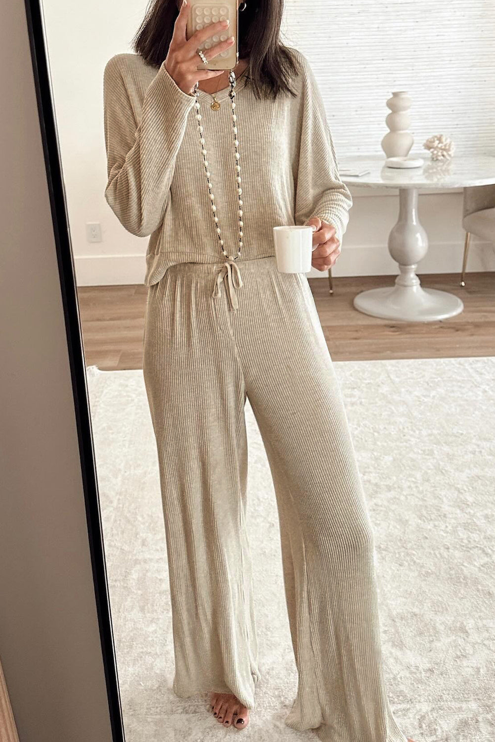 Jet Stream 3D Ribbed V Neck Pullover Drawstring Pants 2 Piece Lounge Set – Cream