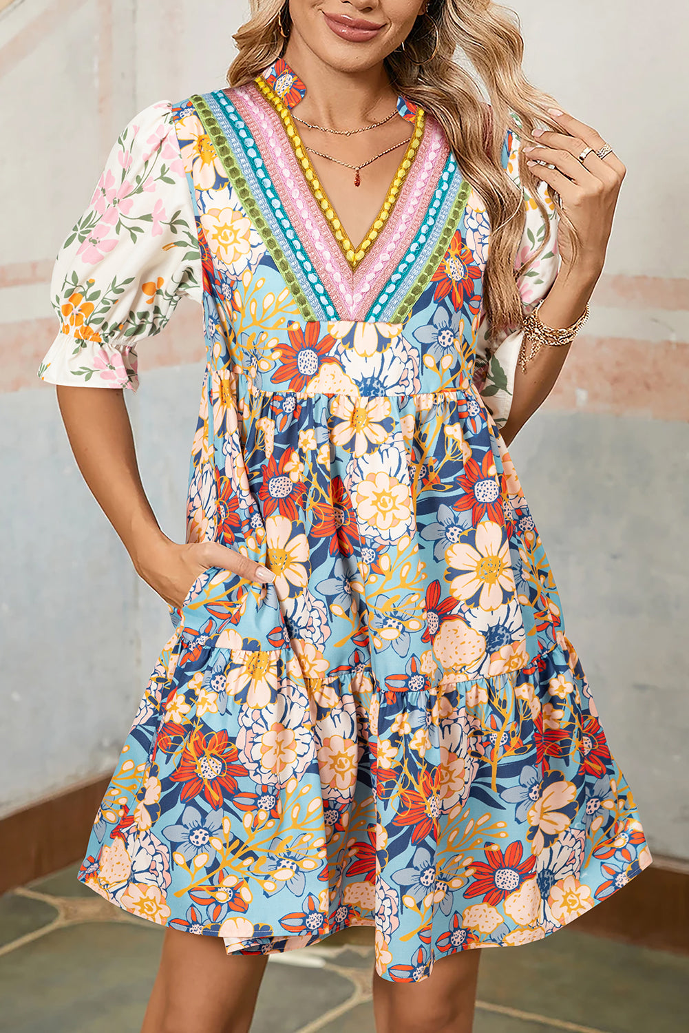 Multicolour Boho Floral Print Crochet Patchwork V Neck Loose Mini Dress eAura