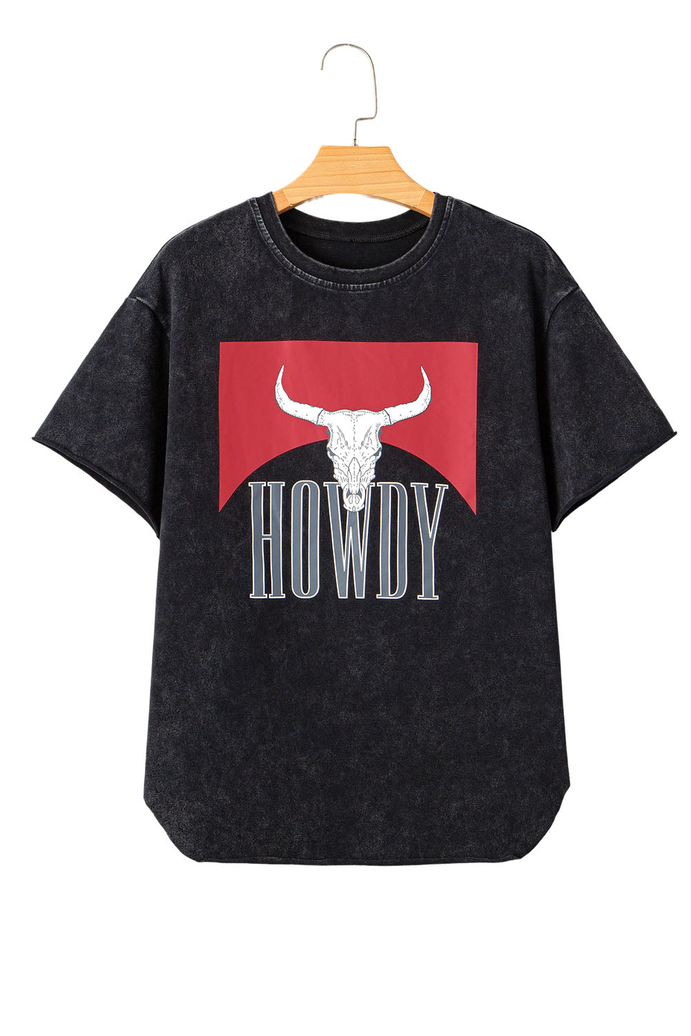 Black Western HOWDY Steer Head Print Side Slits Loose Fit T Shirt eAura