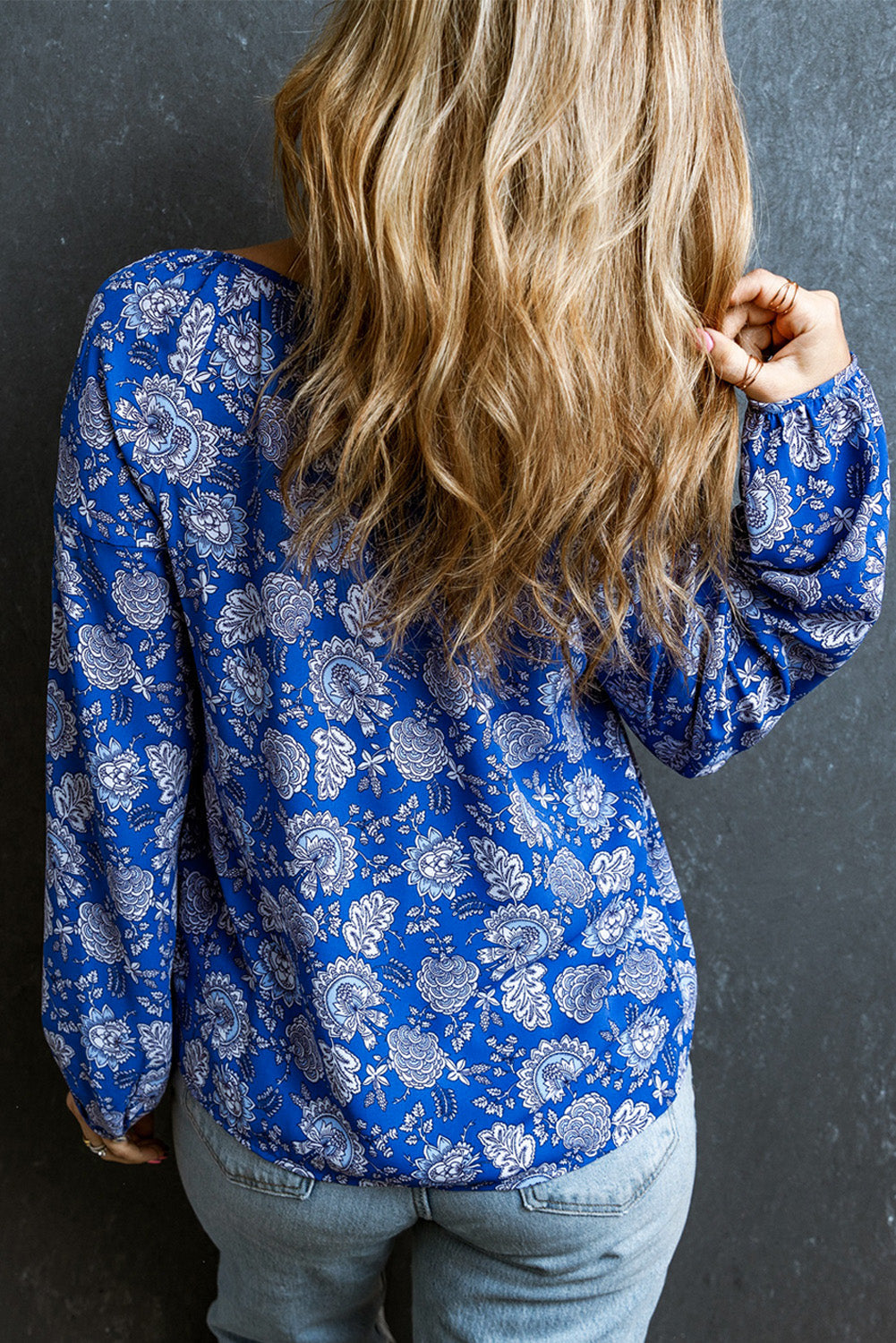 Blue Floral Notched V-Neck Long Sleeve Blouse eAura