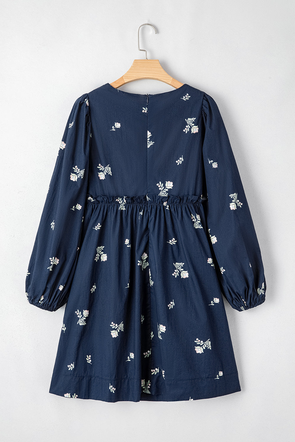 Blue Floral Embroidered Square Neck Puff Sleeve Ruffled Mini Dress eAura