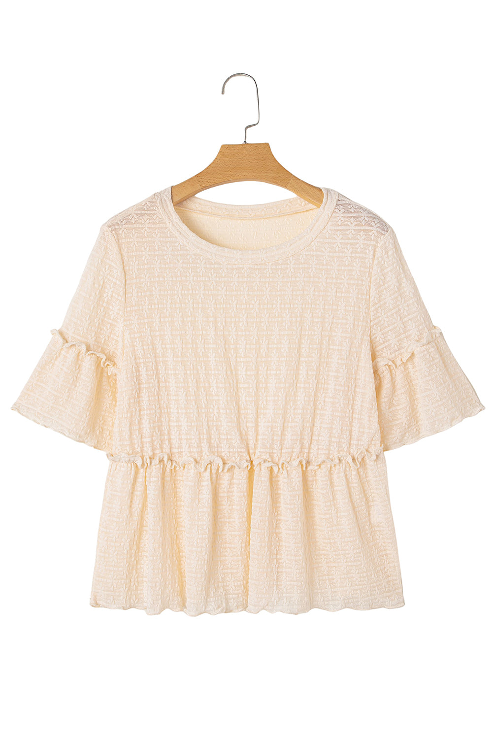 Beige Solid Colour Textured Ruffled Short Sleeve Blouse eAura