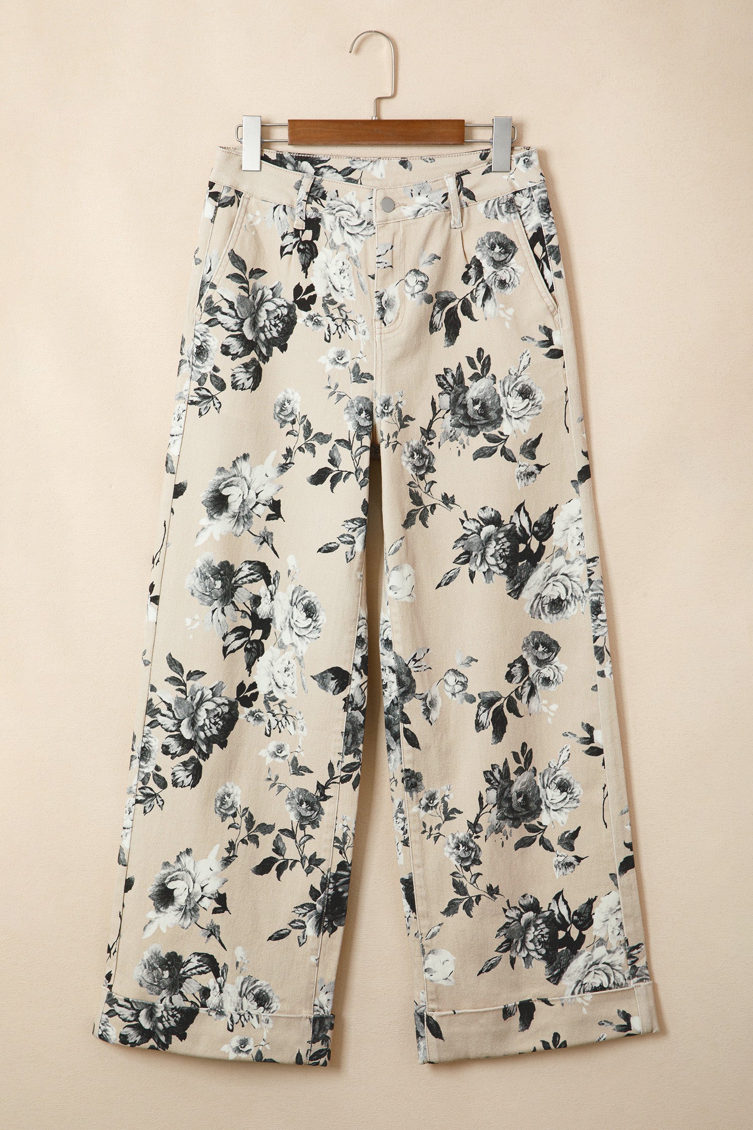 Beige Retro Floral Print Cuffed Hem Wide Leg Jeans