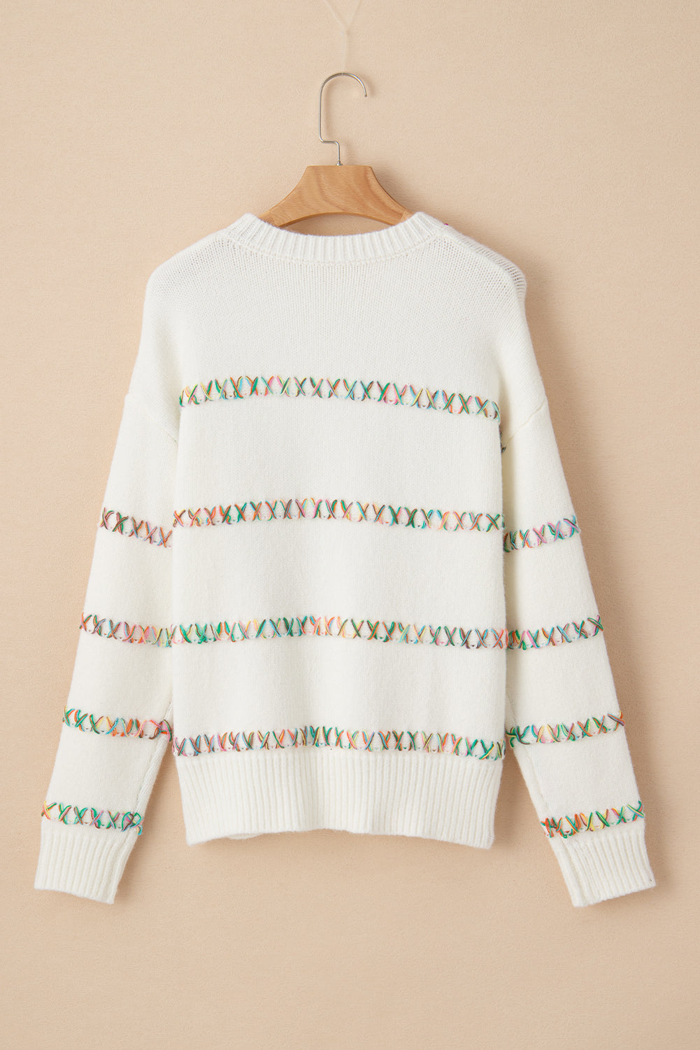 White Colourful Crossed Stitch Drop Shoulder Sweater eAura