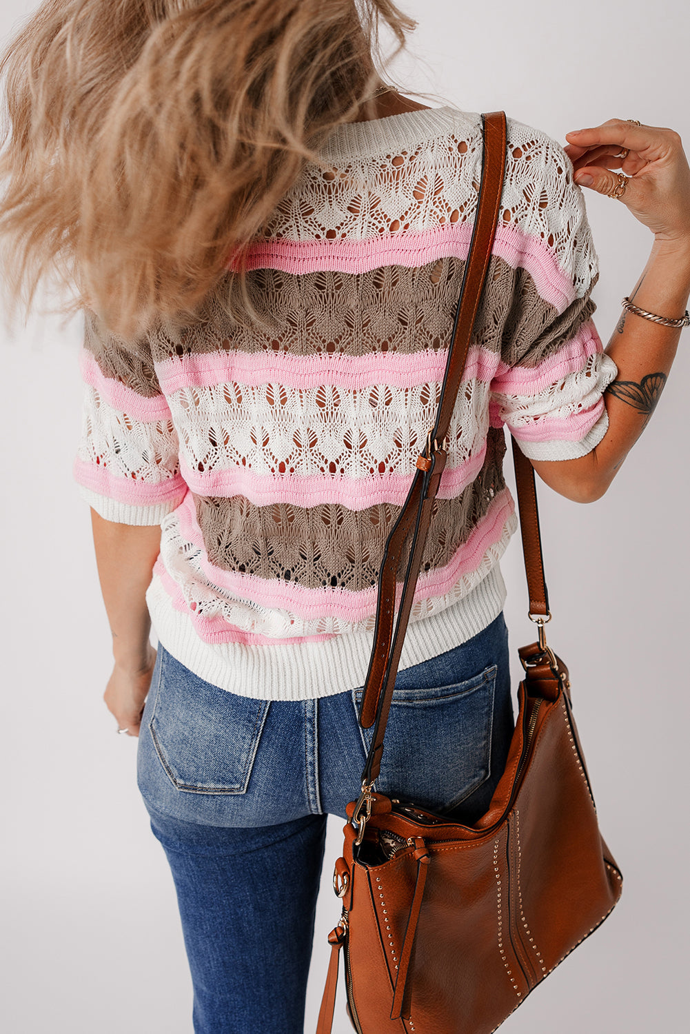 Brown Stripe Colour Block Hollow Out Crochet Half Sleeve Sweater eAura