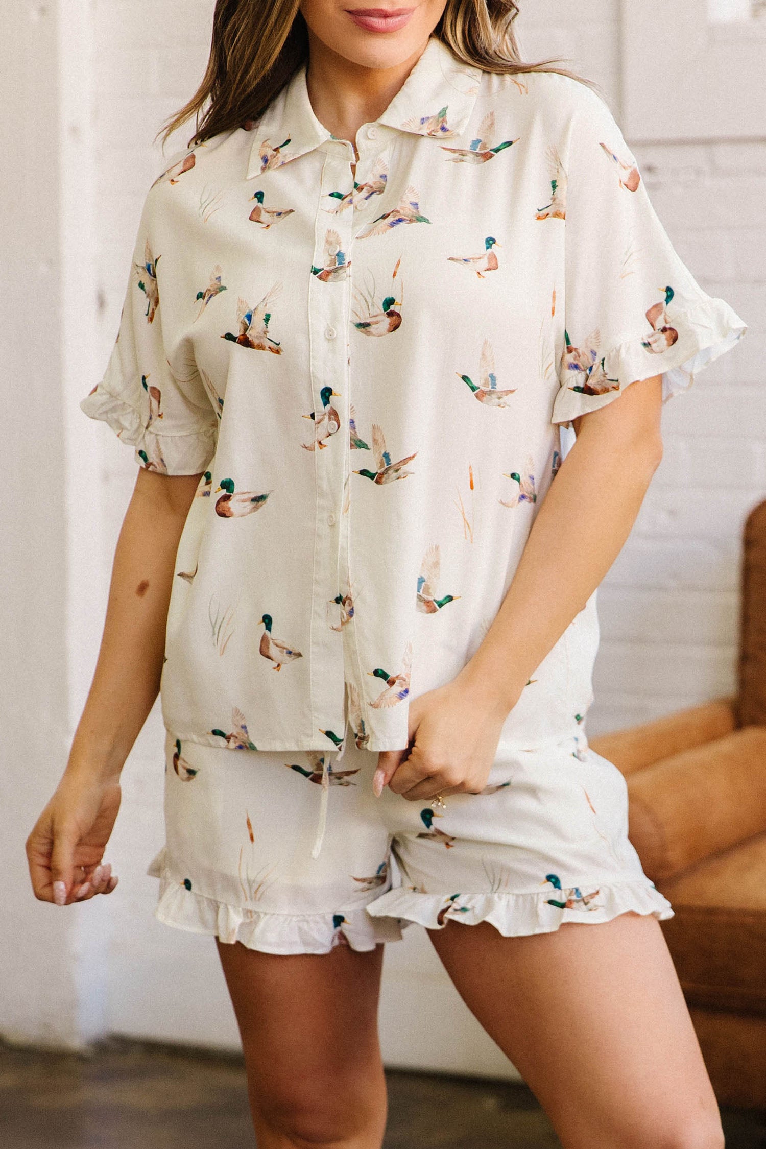 Beige Mallard Print Shirt & Shorts Two Piece Set