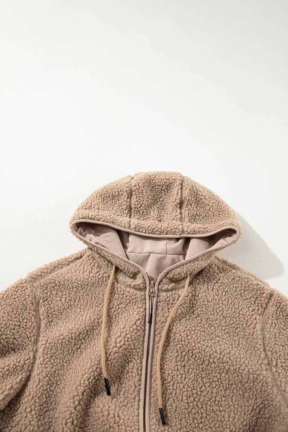 Pale Khaki Fleece Zip Up Drawstring Hooded Pocketed Jacket eAura