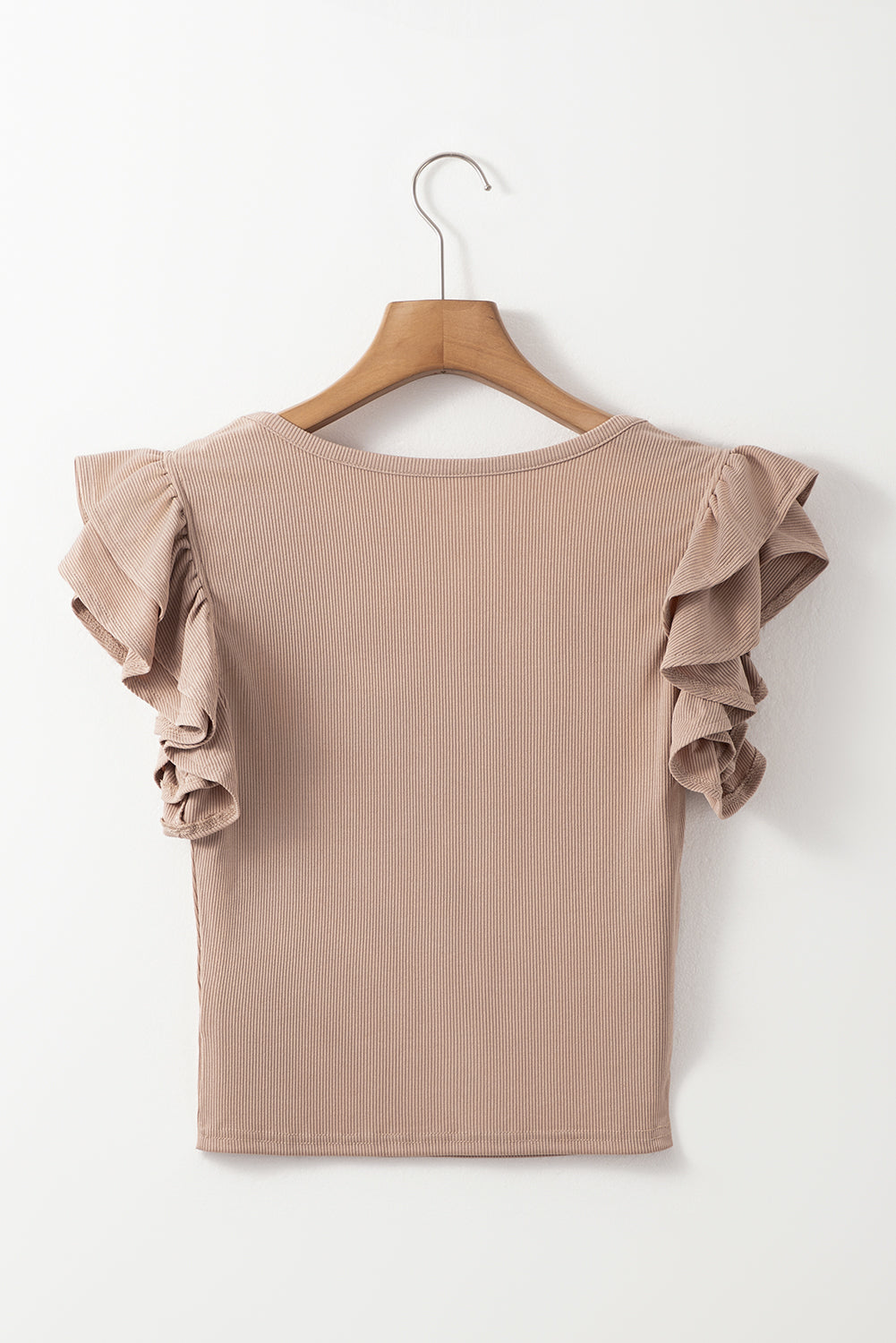 Smoke Grey Ribbed Knit Ruffled Shoulder Slim Fit Tank Top eAura