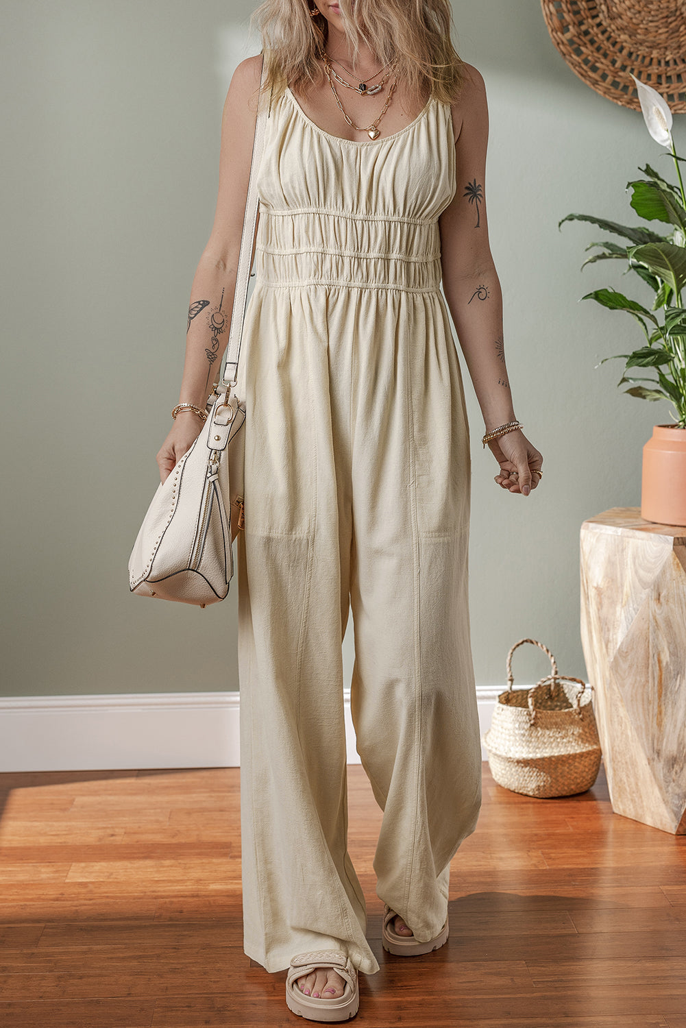 Beige Ruched High Waist Sleeveless Wide Leg Jumpsuit eAura