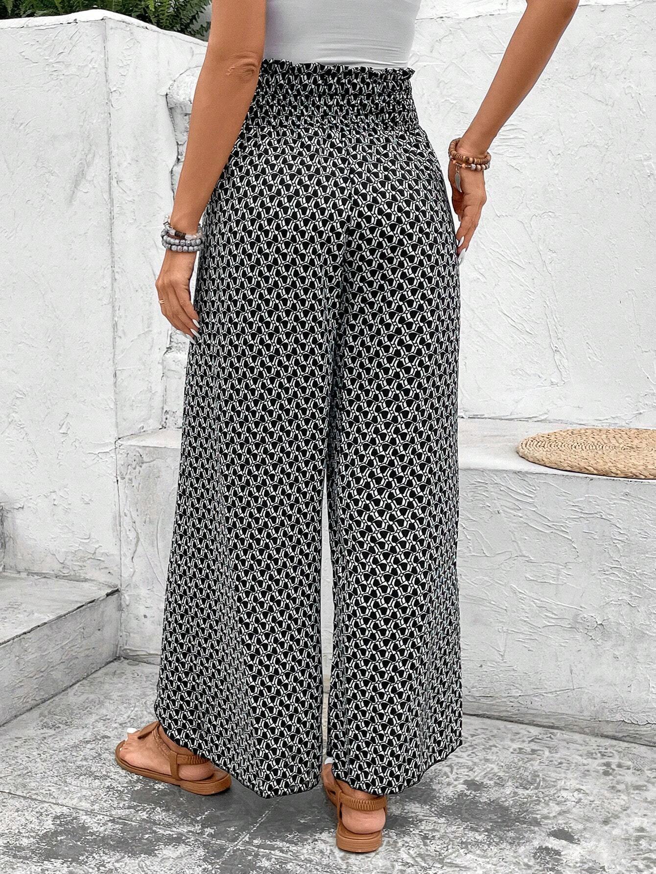 Black Bohemian Print Slit Wide Leg Smocked High Waist Trousers eAura