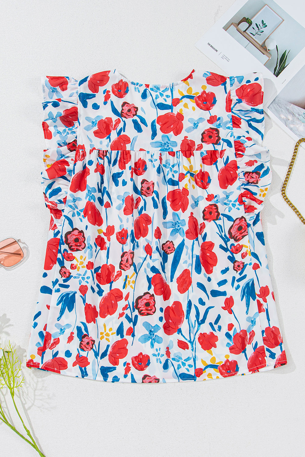 Red Flowers Pintuck Detail V-Neck Ruffled Sleeve Top eAura