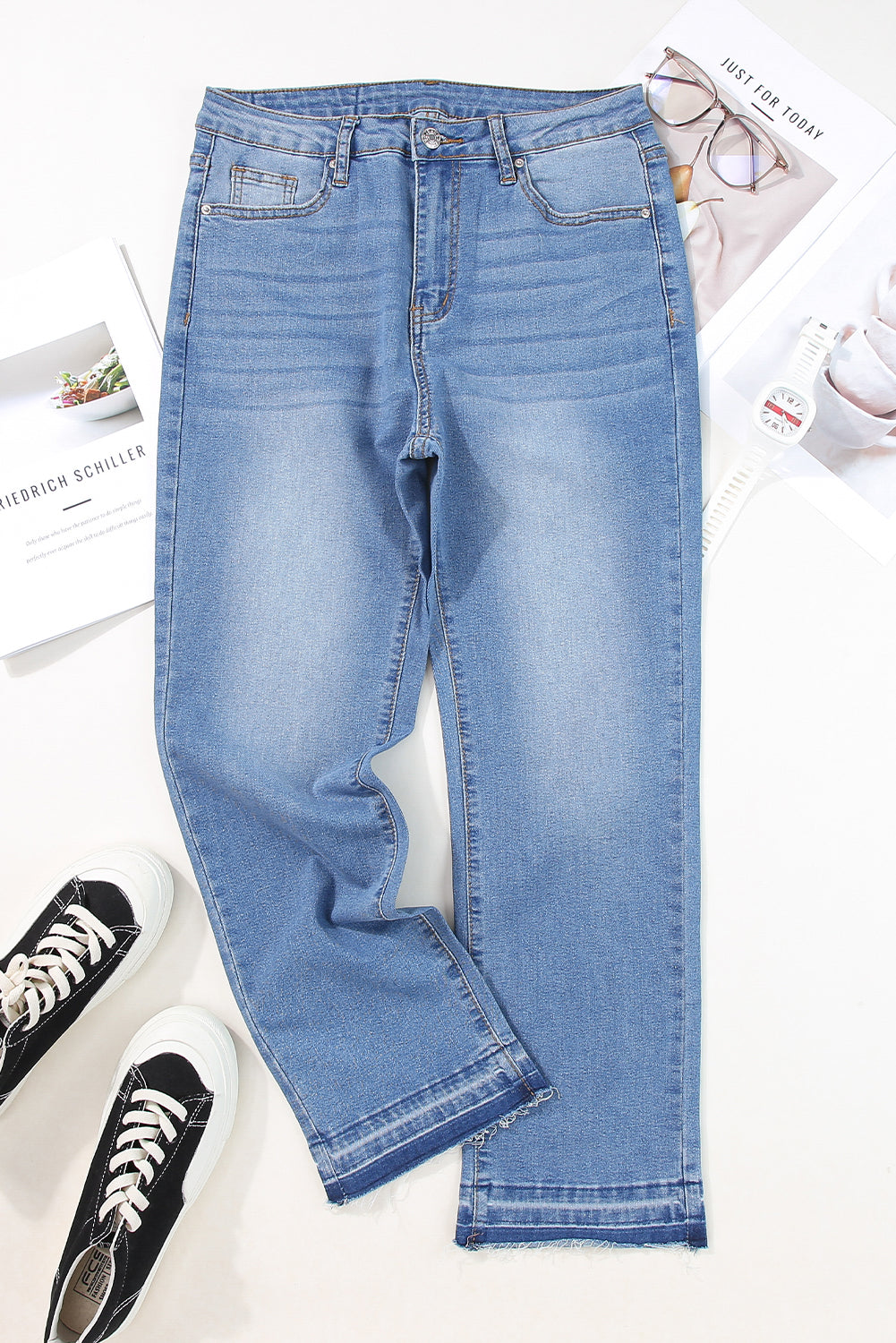 Sky Blue Whiskered Wash Raw Hem Cropped Jeans