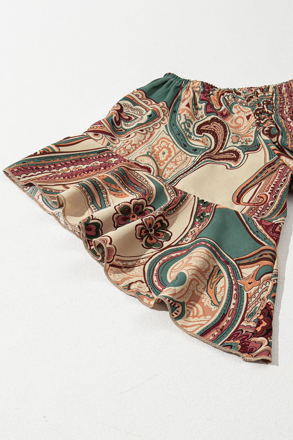 Apricot Paisley Printed Shirred Off Shoulder Ruffled Draped Sleeve Blouse eAura