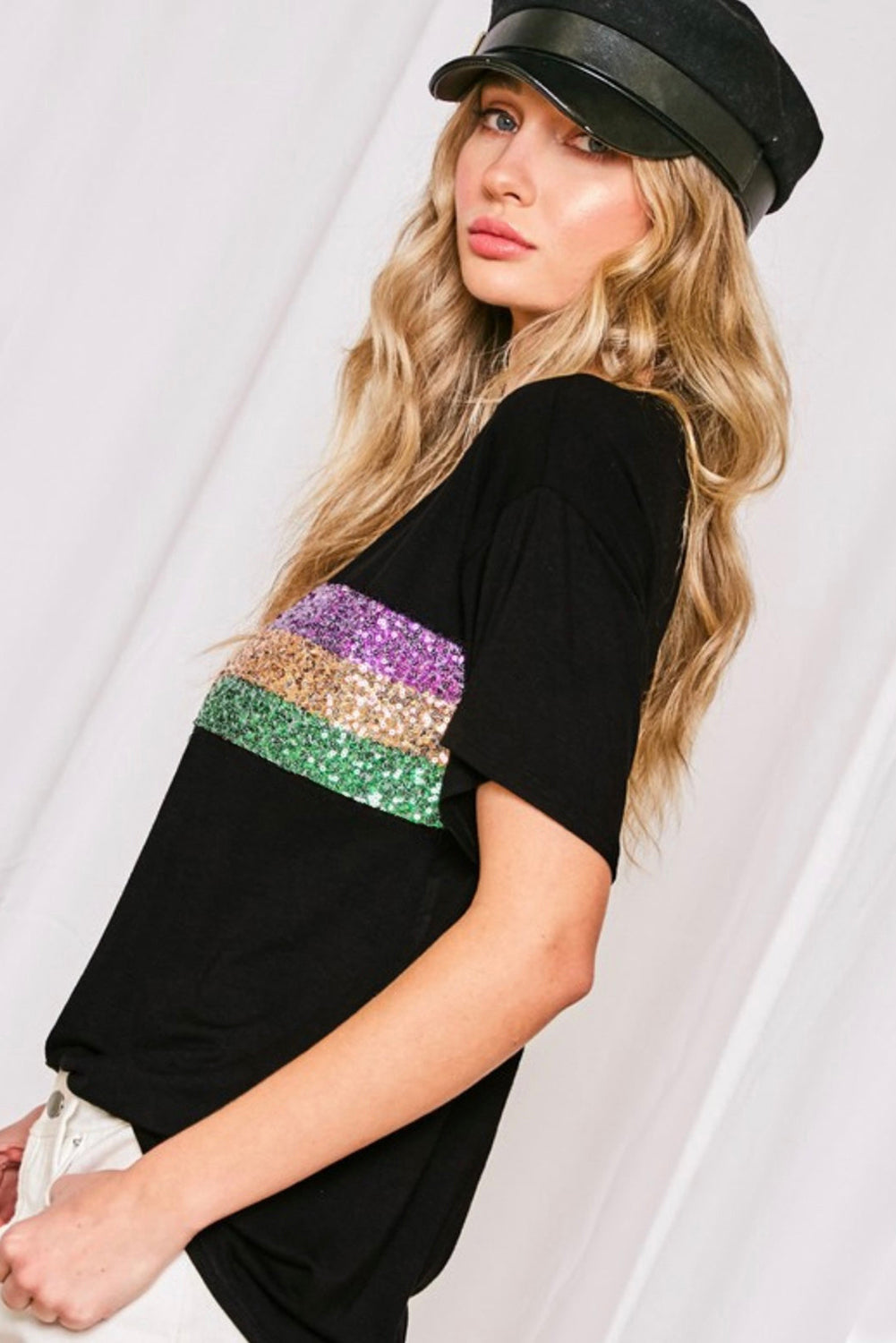 Black Sequin Stripes Patchwork Mardi Gras Crew Neck T Shirt eAura