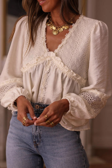 Floral Guipure Lace Patchwork Frilled Long Sleeve Blouse