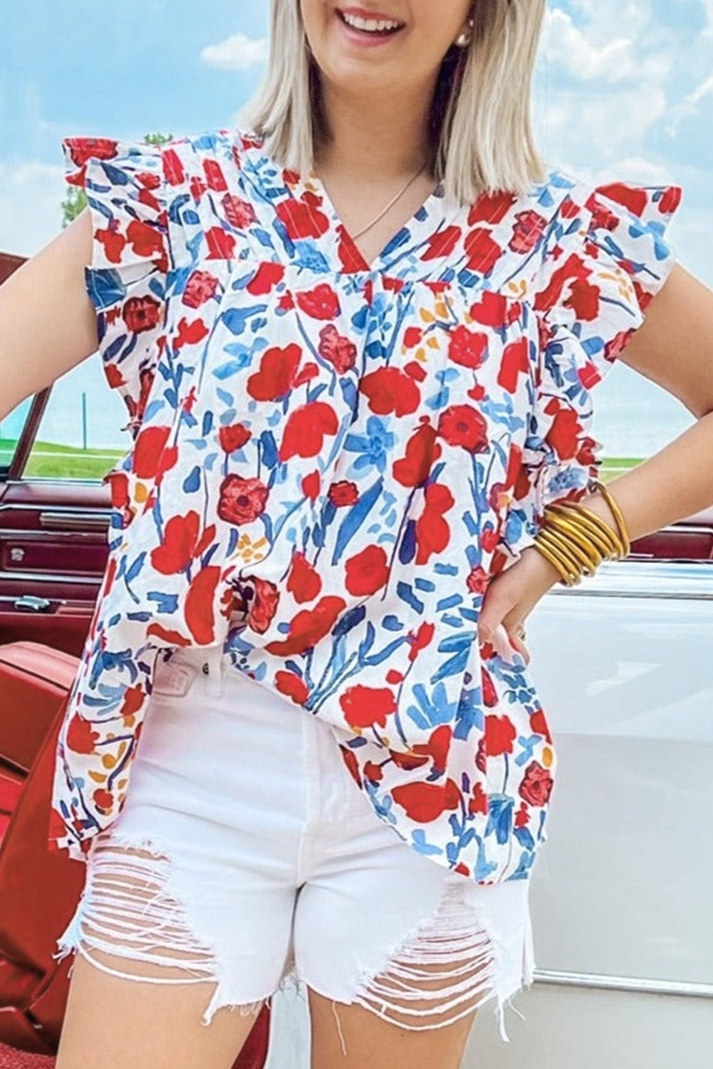 Red Flowers Pintuck Detail V-Neck Ruffled Sleeve Top eAura