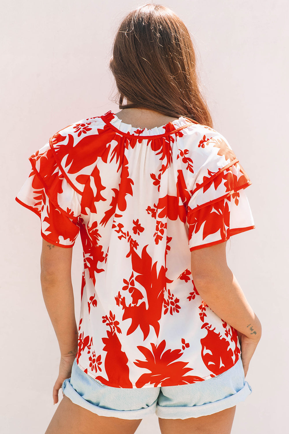 Red Plant Print Tiered Ruffled Sleeve V Neck Blouse eAura
