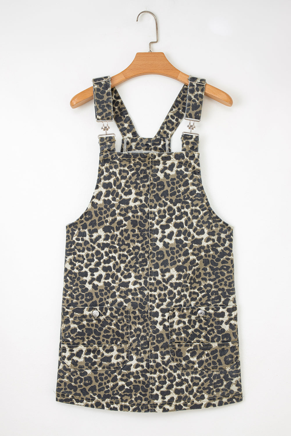 Leopard Print Pocketed Loose Fit Denim Overall Dress - eAura