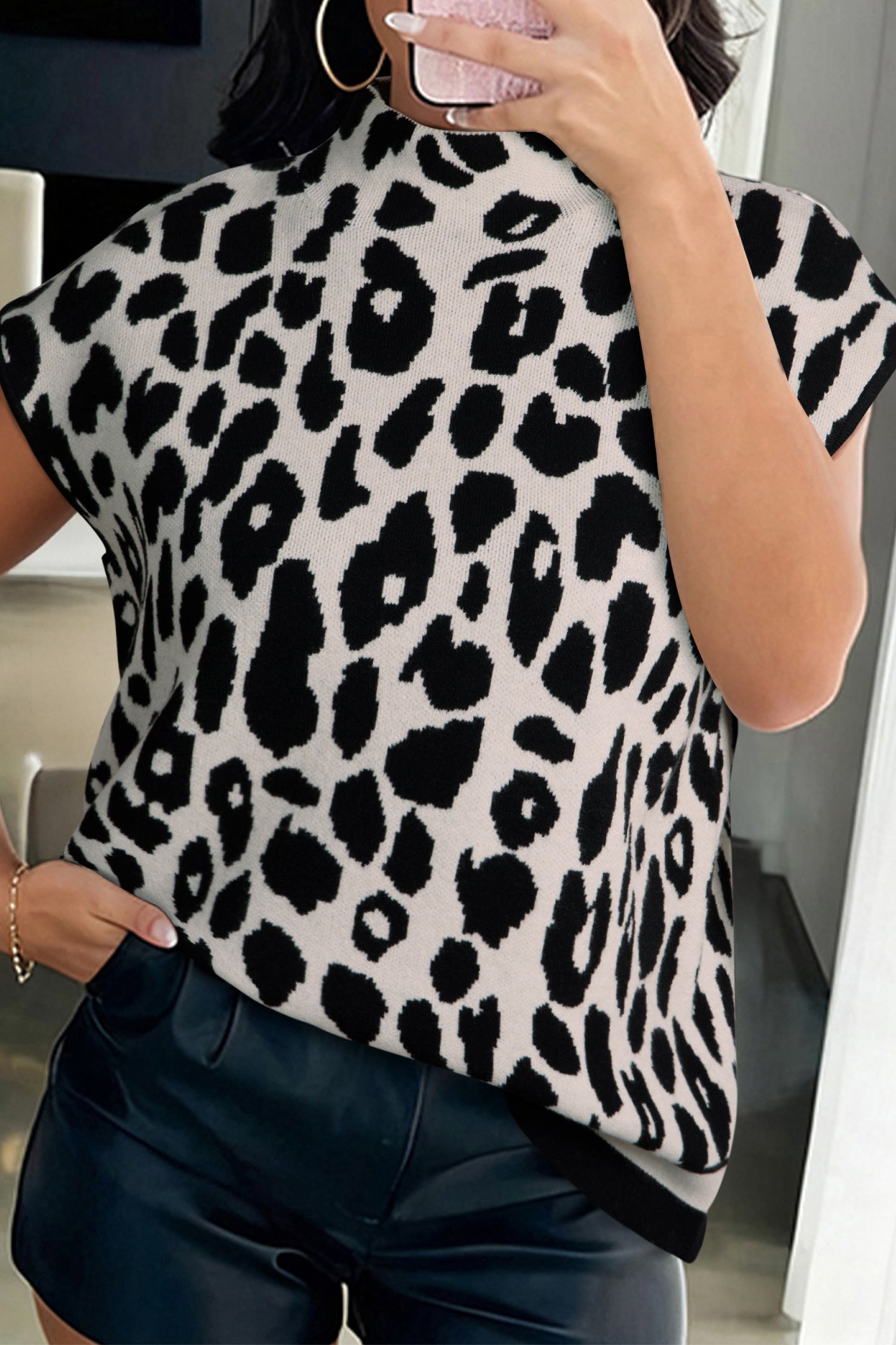 Leopard Print High Neck Short Sleeve Sweater