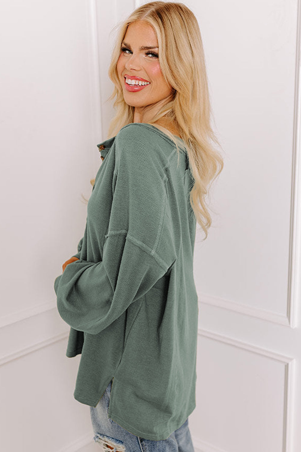 Seagrass Plus Size Exposed Seam Drop Shoulder Henley Top BB Fashion Outlet