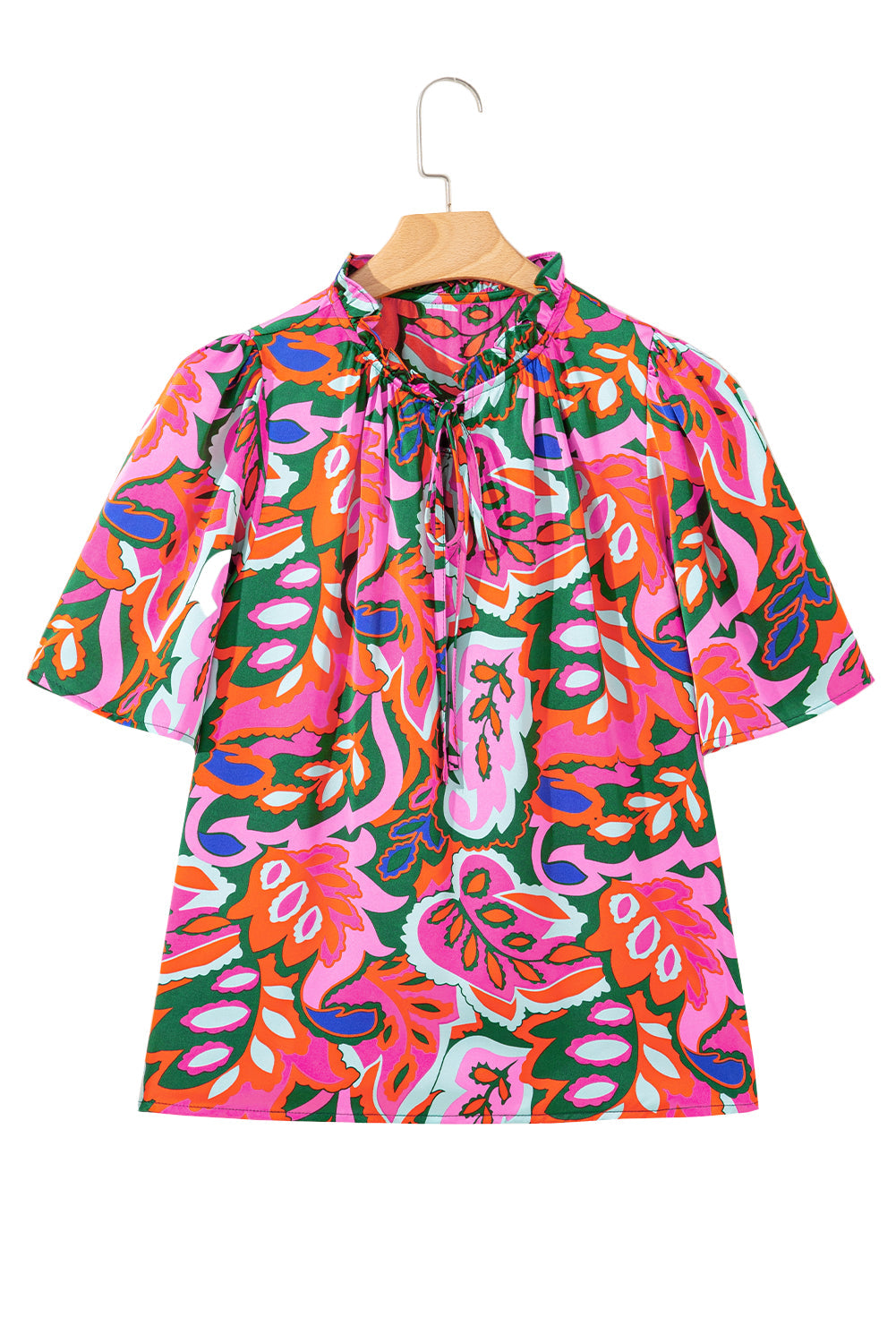 Rose Summer Plant Print Lace up V-Neck Short Sleeve Blouse BB Fashion Outlet